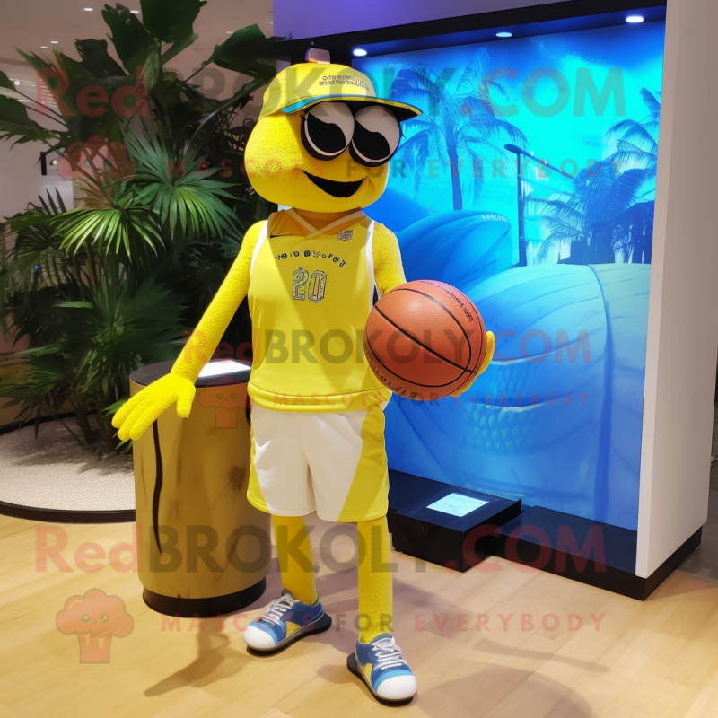 Yellow Basketball Ball mascot costume character dressed with a Bermuda Shorts and Messenger bags