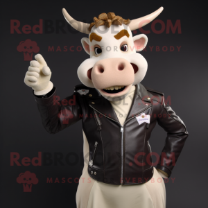 Cream Guernsey Cow mascot costume character dressed with a Moto Jacket and Bow ties