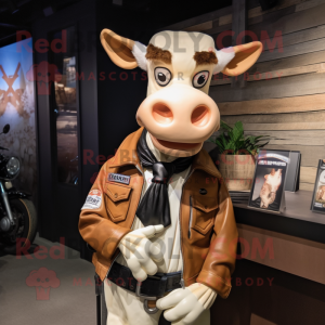 Cream Guernsey Cow mascot costume character dressed with a Moto Jacket and Bow ties