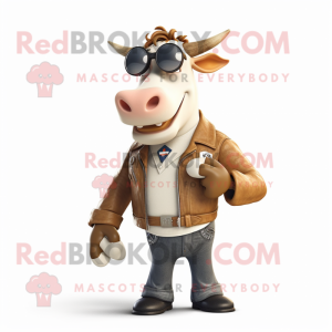 Cream Guernsey Cow mascot costume character dressed with a Moto Jacket and Bow ties