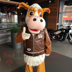 Cream Guernsey Cow mascot costume character dressed with a Moto Jacket and Bow ties