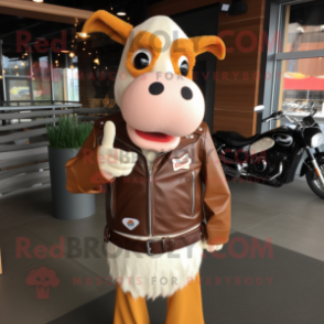 Cream Guernsey Cow mascot costume character dressed with a Moto Jacket and Bow ties