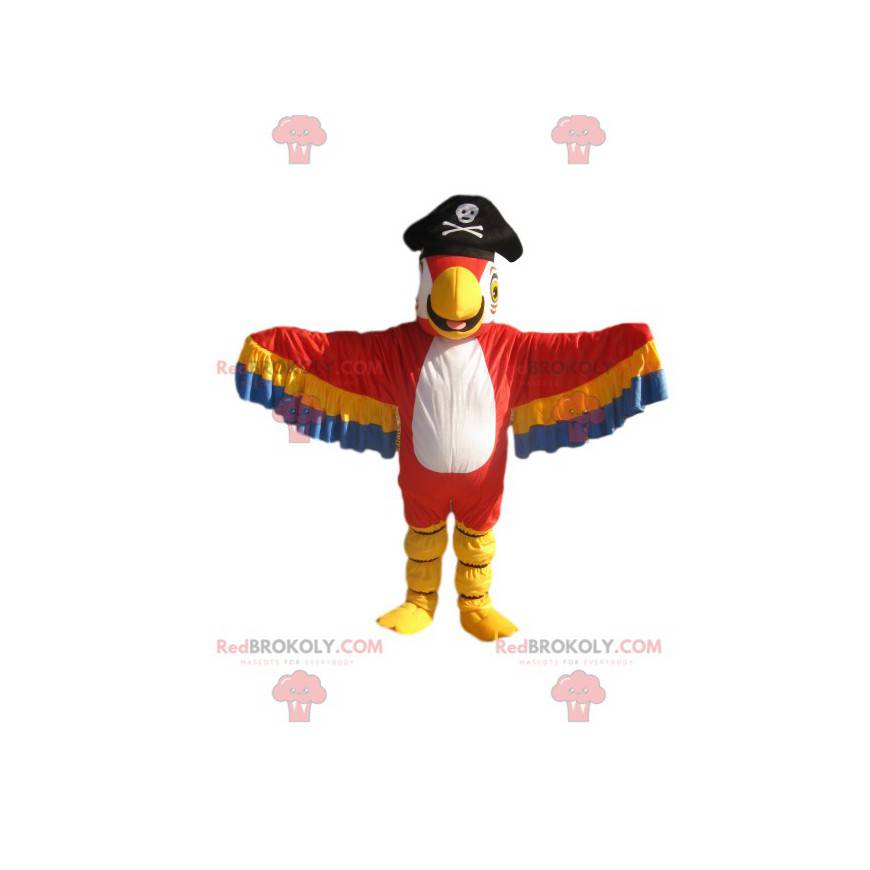 Mascota de loro multicolor con sombrero de pirata -