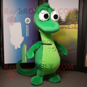 Green Loch Ness Monster mascot costume character dressed with a Turtleneck and Messenger bags
