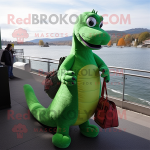 Green Loch Ness Monster mascot costume character dressed with a Turtleneck and Messenger bags