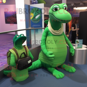 Green Loch Ness Monster mascot costume character dressed with a Turtleneck and Messenger bags