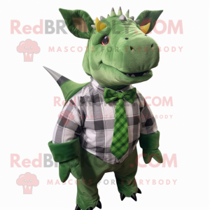 Green Triceratops mascot costume character dressed with a Flannel Shirt and Bow ties