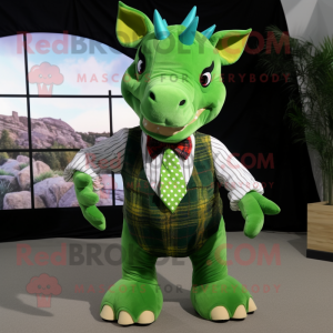 Green Triceratops mascot costume character dressed with a Flannel Shirt and Bow ties