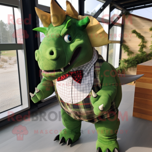 Green Triceratops mascot costume character dressed with a Flannel Shirt and Bow ties
