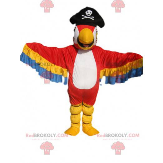 Mascota de loro multicolor con sombrero de pirata -