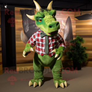 Green Triceratops mascot costume character dressed with a Flannel Shirt and Bow ties