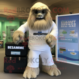 Cream Sasquatch mascot costume character dressed with a Bermuda Shorts and Briefcases
