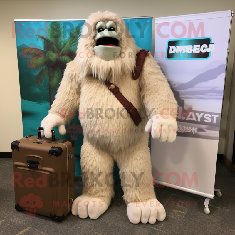 Cream Sasquatch mascot costume character dressed with a Bermuda Shorts and Briefcases Cream Sasquatch mascot costume character dressed with a Bermuda Shorts and Briefcases