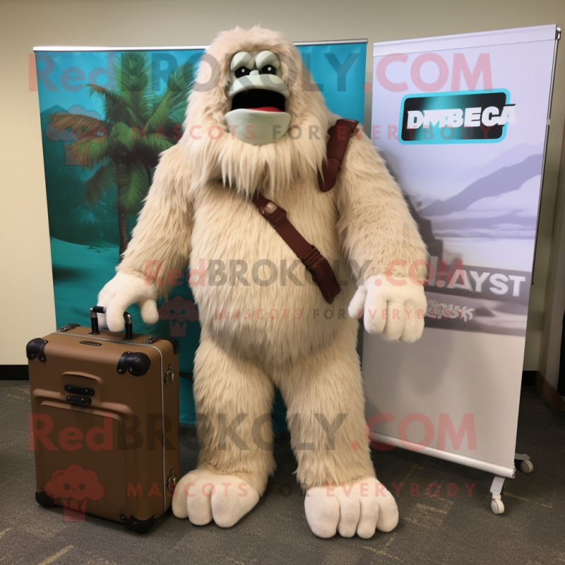 Cream Sasquatch mascot costume character dressed with a Bermuda Shorts and Briefcases