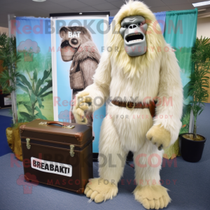 Cream Sasquatch mascot costume character dressed with a Bermuda Shorts and Briefcases