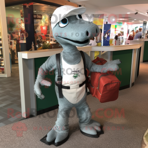Gray Loch Ness Monster mascot costume character dressed with a Capri Pants and Messenger bags