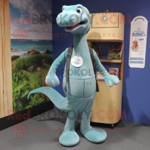 Gray Loch Ness Monster mascot costume character dressed with a Capri Pants and Messenger bags