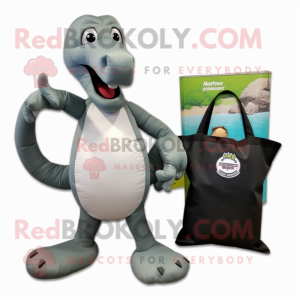 Gray Loch Ness Monster mascot costume character dressed with a Capri Pants and Messenger bags