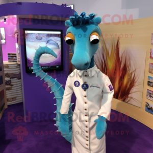 nan Seahorse mascot costume character dressed with a Henley Shirt and Tie pins