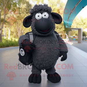 Black Merino Sheep mascot costume character dressed with a Skinny Jeans and Backpacks