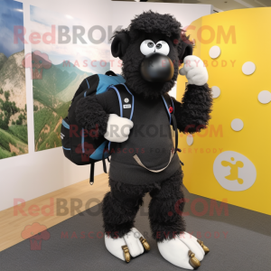 Black Merino Sheep mascot costume character dressed with a Skinny Jeans and Backpacks