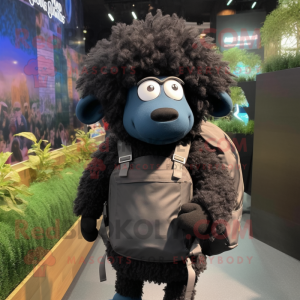 Black Merino Sheep mascot costume character dressed with a Skinny Jeans and Backpacks