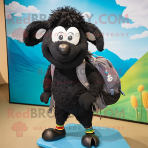 Black Merino Sheep mascot costume character dressed with a Skinny Jeans and Backpacks