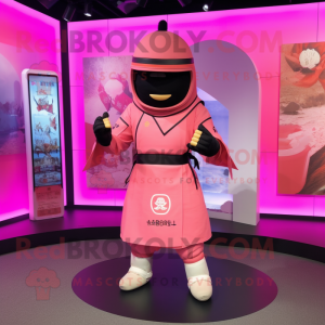 Pink Samurai mascot costume character dressed with a Long Sleeve Tee and Berets