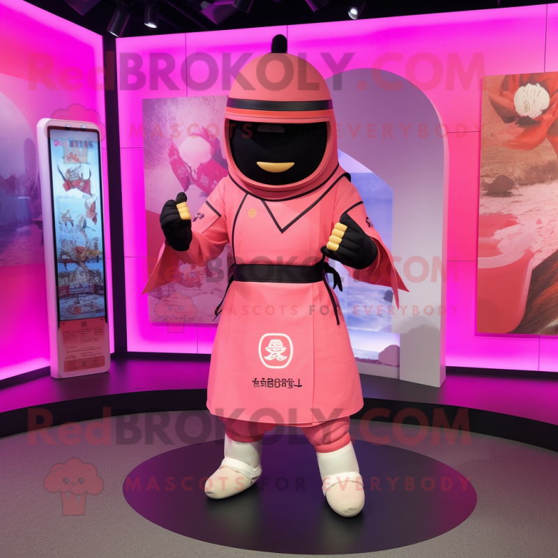 Pink Samurai mascot costume character dressed with a Long Sleeve Tee and Berets Pink Samurai mascot costume character dressed with a Long Sleeve Tee and Berets