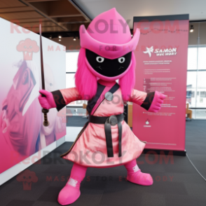 Pink Samurai mascot costume character dressed with a Long Sleeve Tee and Berets