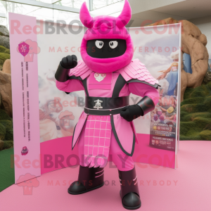 Pink Samurai mascot costume character dressed with a Long Sleeve Tee and Berets