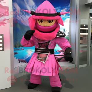 Pink Samurai mascot costume character dressed with a Long Sleeve Tee and Berets