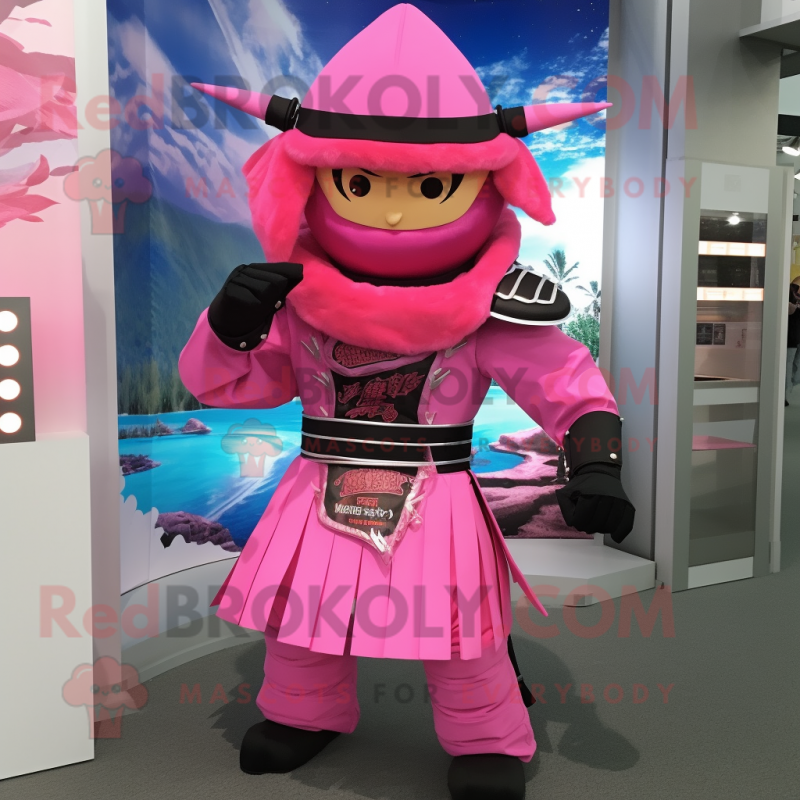 Pink Samurai mascot costume character dressed with a Long Sleeve Tee and Berets Pink Samurai mascot costume character dressed with a Long Sleeve Tee and Berets