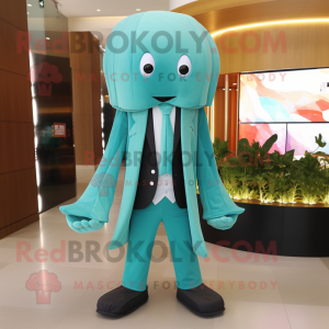 Turquoise Jellyfish mascot costume character dressed with a Blazer and Belts