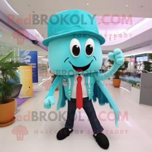 Turquoise Jellyfish mascot costume character dressed with a Blazer and Belts