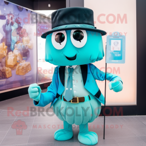 Turquoise Jellyfish mascot costume character dressed with a Blazer and Belts