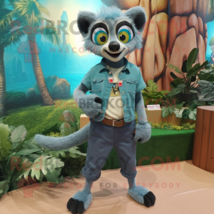 Teal Lemur mascot costume character dressed with a Denim Shorts and Bracelets