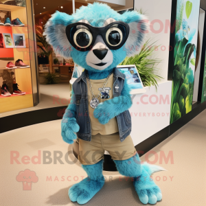 Teal Lemur mascot costume character dressed with a Denim Shorts and Bracelets