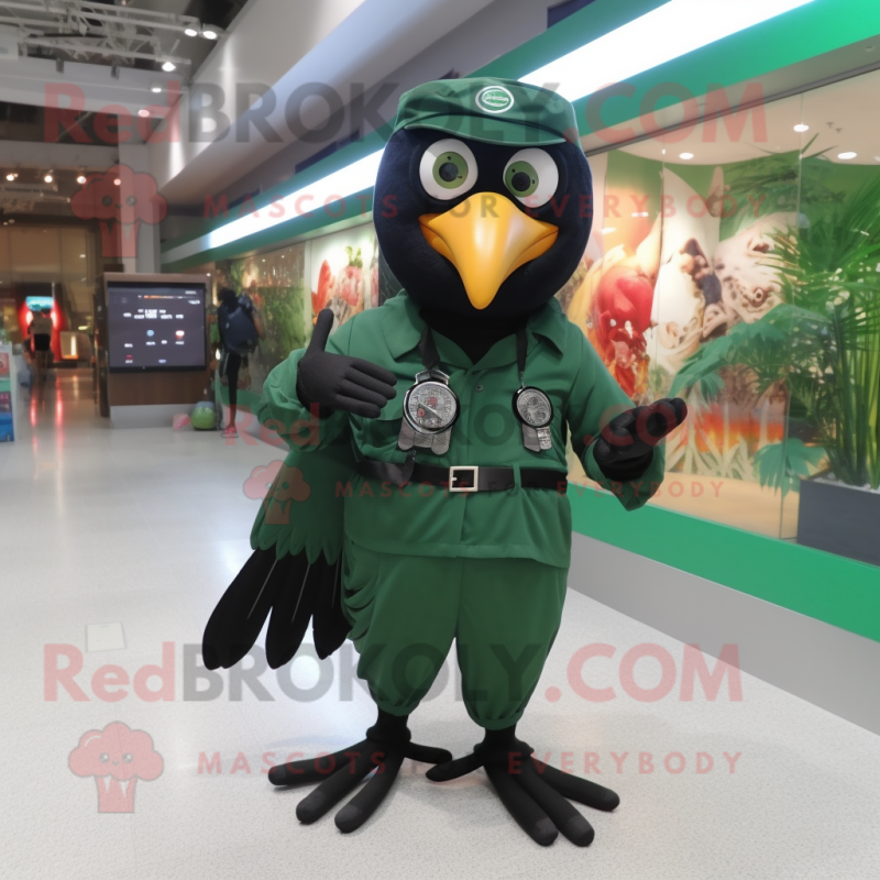 Forest Green Blackbird mascot costume character dressed with a Jumpsuit and Bracelet watches