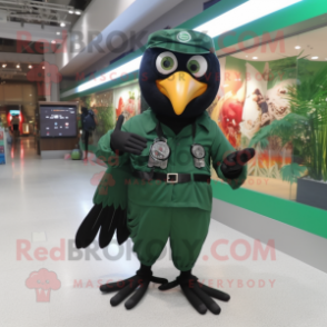 Forest Green Blackbird mascot costume character dressed with a Jumpsuit and Bracelet watches