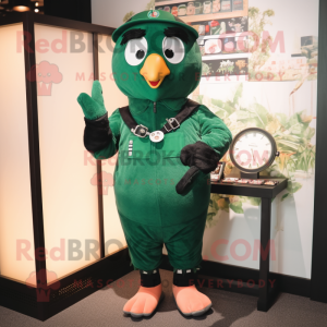 Forest Green Blackbird mascot costume character dressed with a Jumpsuit and Bracelet watches