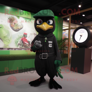 Forest Green Blackbird mascot costume character dressed with a Jumpsuit and Bracelet watches