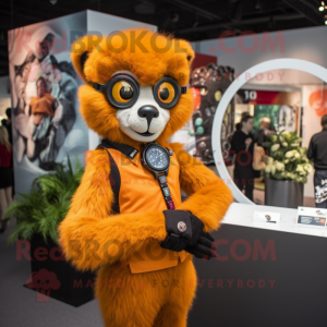 Orange Lemur mascot costume character dressed with a Suit Jacket and Bracelet watches