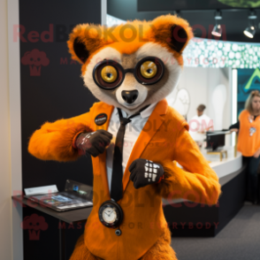 Orange Lemur mascot costume character dressed with a Suit Jacket and Bracelet watches