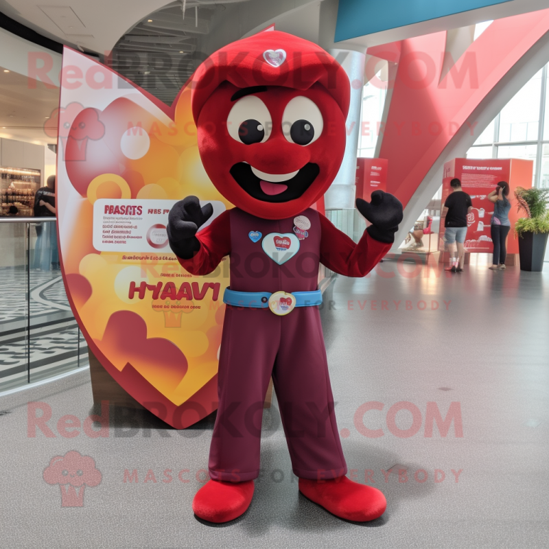 Maroon Heart mascot costume character dressed with a Flare Jeans and Watches Maroon Heart mascot costume character dressed with a Flare Jeans and Watches