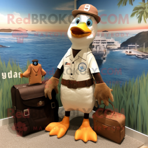 Brown Seagull mascot costume character dressed with a Baseball Tee and Briefcases