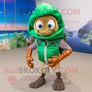 Forest Green Hermit Crab mascot costume character dressed with a Windbreaker and Headbands