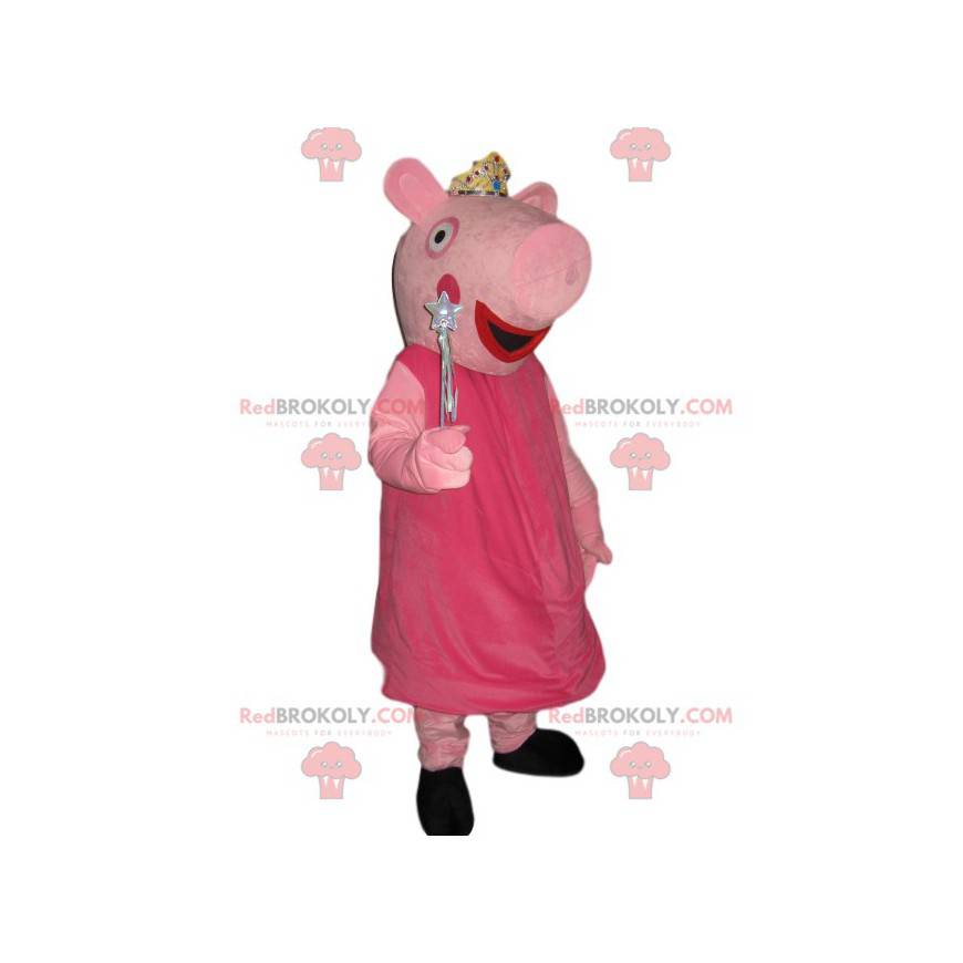 Peppa Pig mascot with a silver crown and a magic wand -