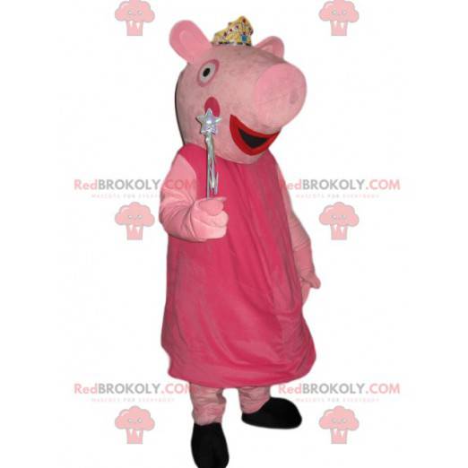 Mascota de Peppa Pig con una corona de plata y una varita