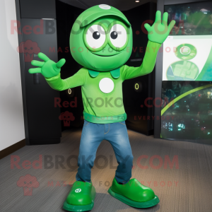 Green Momentum mascot costume character dressed with a Bootcut Jeans and Rings